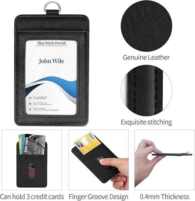 Genuine Leather ID Badge Holder with Retractable Lanyard, Retractable Badge Reel Nylon Lanyard and Vertical ID Card Holder with 1 Card Slot Key Chain for Men Women, Black