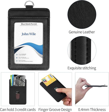Genuine Leather ID Badge Holder with Retractable Lanyard, Retractable Badge Reel Nylon Lanyard and Vertical ID Card Holder with 1 Card Slot Key Chain for Men Women, Black