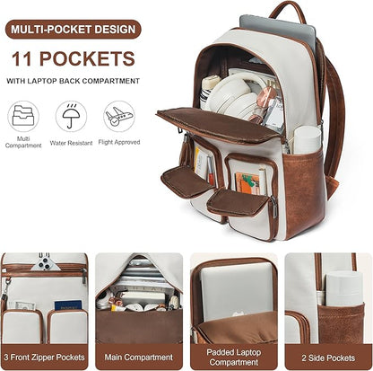 Shrrie Laptop Backpack for Women 16 Inch,Vegan Leather Travel Backpack Purse Work Business Computer Backpacks Teacher Nurse College Laptop Bookbag Casual Daypack,Beige with Brown