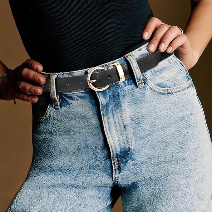 SANSTHS Womens Genuine Leather Belts for Jeans Pants Trendy Vintage Thin Leather Belt Gold Buckle Ladies Skinny Waist Belt