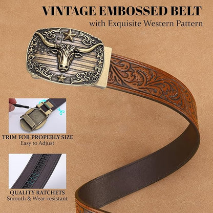 SANSTHS Western Cowboy Ratchet Belts for Men Women Leather Cowboy Belt with Automatic Western Buckle for Jeans Gifts