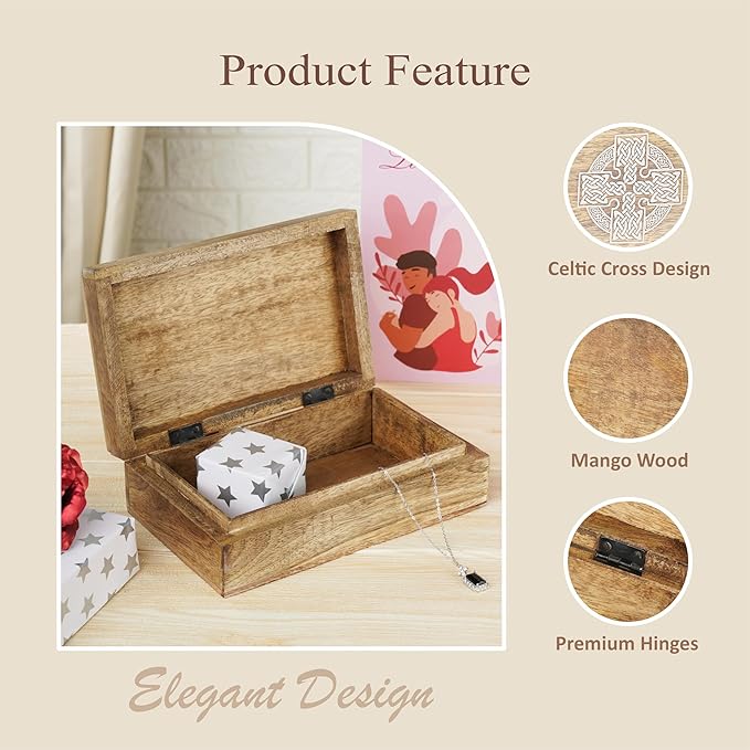 Ajuny Handmade Decorative Wooden Jewelry Box Celtic Cross Design Multipurpose Treasure Chest Storage Organizer Trinket keepsake Necklaces Watch Boxes, Great Gifts - 8x5 Inch
