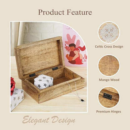 Ajuny Handmade Decorative Wooden Jewelry Box Celtic Cross Design Multipurpose Treasure Chest Storage Organizer Trinket keepsake Necklaces Watch Boxes, Great Gifts - 8x5 Inch