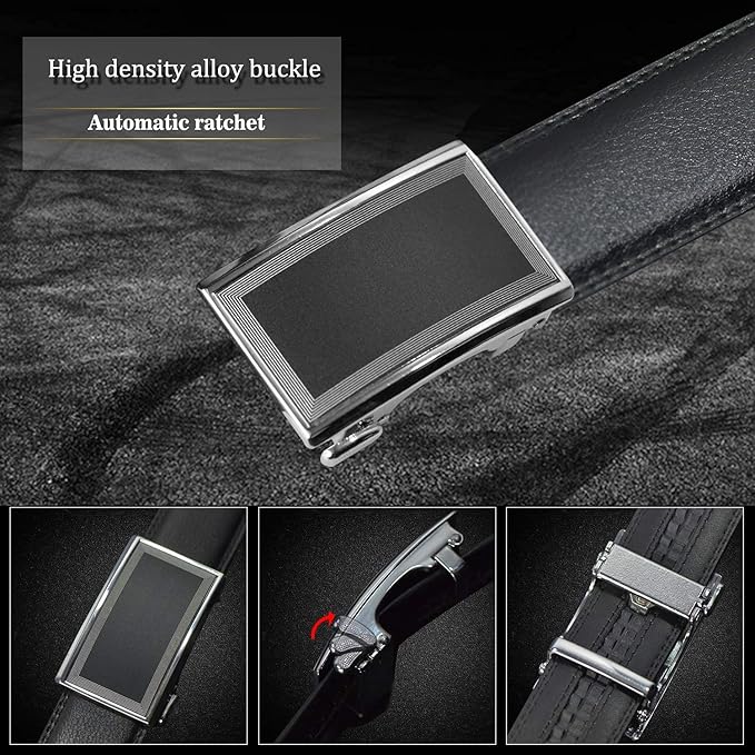 JINIU Men's Ratchet Belt Buckle, Black Genuine Leather Slide Belt for Men Dress Suit, Micro Adjustable Trim to Fit Boxed