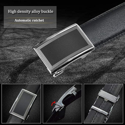 JINIU Men's Ratchet Belt Buckle, Black Genuine Leather Slide Belt for Men Dress Suit, Micro Adjustable Trim to Fit Boxed