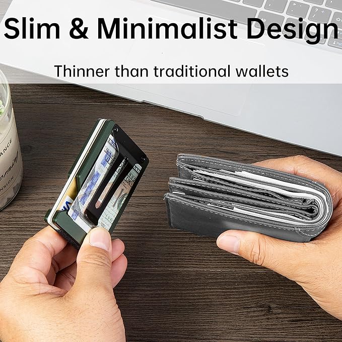 Minimalist Carbon Fiber Wallet for Men, Money Clip Cash Strap Wallet, RFID Blocking Metal Wallet Aluminum Card Holder,Front Pocket Wallet(Matte Green)