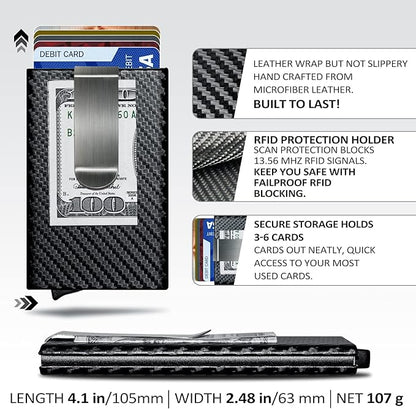 MOSIYEEF Slim RFID Blocking Card Holder Wallet for Men - Minimalist Pop Up Credit Card Holder Wallet with Stainless Steel Money Clip, Carbon Fiber Leather Case, Holds 6 Cards - Ideal Gift for Him