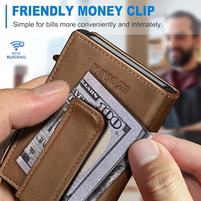 miyozi Wallet for Men, Magnetic Minimalist Slim Wallet with Pop Up Card Holder, 9 Cards RFID Blocking Metal Credit Card Case, Leather Wrapped Money Clip, ID Window & Small Item Slot, Gift Boxed
