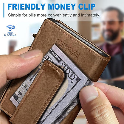 miyozi Wallet for Men, Magnetic Minimalist Slim Wallet with Pop Up Card Holder, 9 Cards RFID Blocking Metal Credit Card Case, Leather Wrapped Money Clip, ID Window & Small Item Slot, Gift Boxed