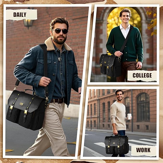 MATEIN Canvas Work Bag with USB Charging Port & RFID Blocking, 15.6 Inch Laptop Messenger Bag Vintage Briefcase for Men, Water Resistant Business Computer Satchel Crossbody for Commuting Travel, Black