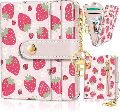Jogjam Strawberry Rfid Girls Girly Teen Wallet, Small Slim Thin Compact Travel Credit Card Women Wallet, Cute PU Leather Bifold Cash Zipper Coin Pocket ID Window for Female Ladies Gifts
