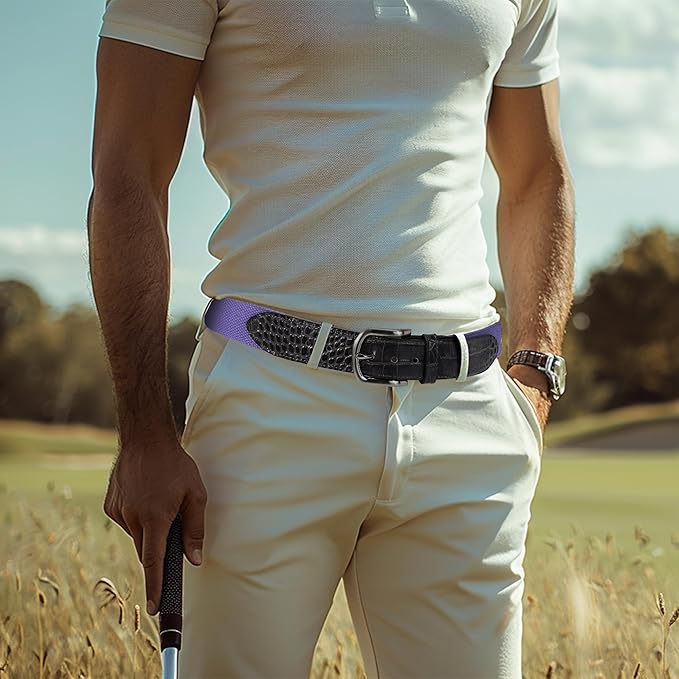 Mile High Life Golf Belts for Men, Canvas Belt with Genuine Leather Tips, Embroidered 2 Layer Web Belt with Pin Buckle
