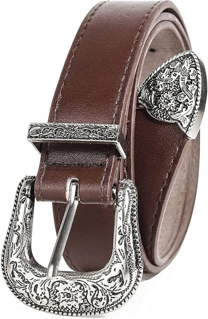 INOGIH Adjustable-Vintage-Western-Cowboy-Belt Women Men - Cowboy-Style Engraved-Buckle Belt for Jeans Pants Dresses