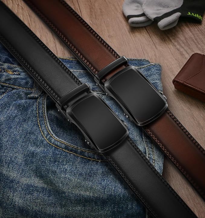 BULLIANT Men's Ratchet Belt 2 Pack-Click Leather Belt Adjustable for Men Gift 1 3/8-Cut for Perfect Fit