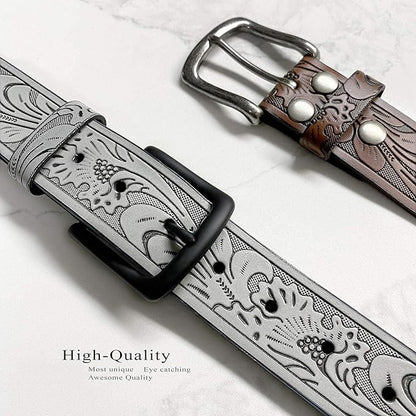 Western Floral Engraved Embossed Tooled Genuine Leather Belt Strap or Belt 1-1/2"(38mm) Wide, Multi-Style Options