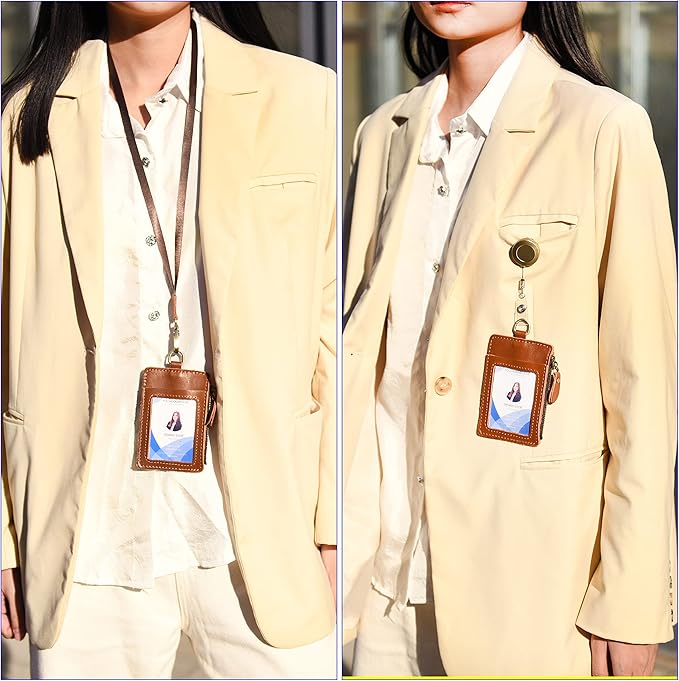 Wonderpool Leather ID Badge Holder with Zipper Wallet Pouch - Card Slots Case Detachable Neck Lanyard and Retractable Badge Reel for Office School Hospital Exhibition ID (Light Brown)