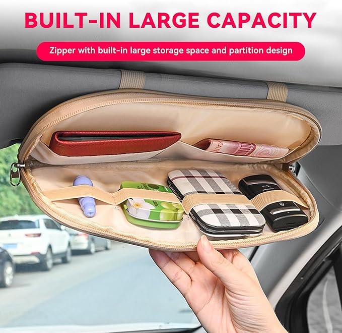 Car Sun Visor Organizer, Multi-Pocket PU Leather Sunglass Holder and Storage Pocket with Net Zipper, Card Sleeve Pocket Organizer, Auto Interior Accessories for Vehicle, Truck, SUV (Gray)