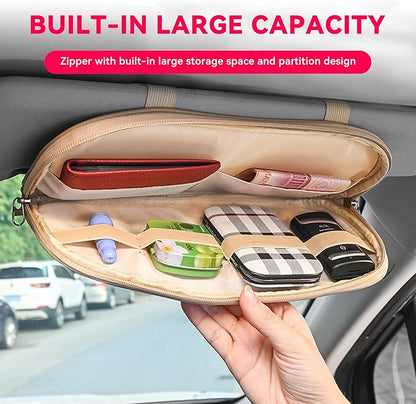 Car Sun Visor Organizer, Multi-Pocket PU Leather Sunglass Holder and Storage Pocket with Net Zipper, Card Sleeve Pocket Organizer, Auto Interior Accessories for Vehicle, Truck, SUV (Purple)
