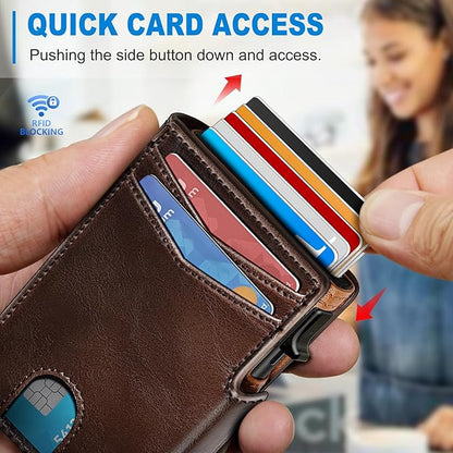 miyozi Wallet for Men, Magnetic Minimalist Slim Wallet with Pop Up Card Holder, 9 Cards RFID Blocking Metal Credit Card Case, Leather Wrapped Money Clip, ID Window & Small Item Slot, Gift Boxed