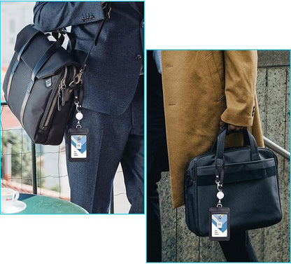 Wisdompro Badge Holder with Wrist Lanyard, 2-Sided PU Leather ID Card Holder Wallet Case with Wristlet Strap and Retractable Reel, Easy Swipe for Work, School, Metro and Access Card - Black