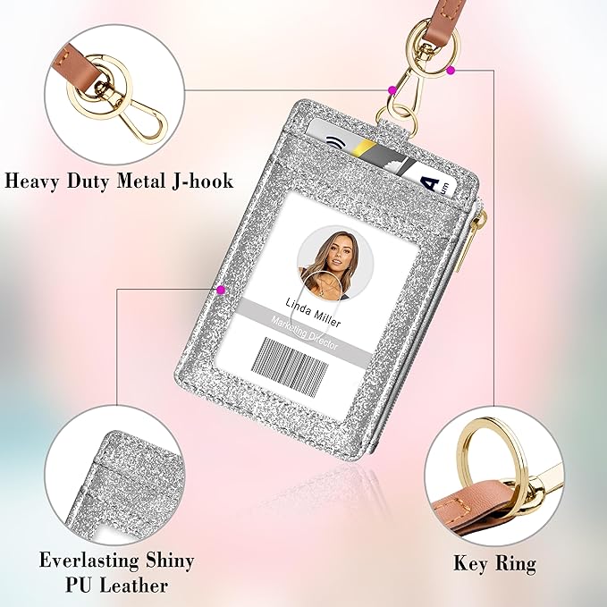 ID Badge Holder with Lanyard, Vertical Bling Shiny ID Badge Card Holder with 1 Clear ID Window, 4 Credit Card Slots, 1 Cash Coin Slot and a Detachable Neck Lanyard (Bling Silver)