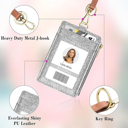 ID Badge Holder with Lanyard, Vertical Bling Shiny ID Badge Card Holder with 1 Clear ID Window, 4 Credit Card Slots, 1 Cash Coin Slot and a Detachable Neck Lanyard (Bling Silver)