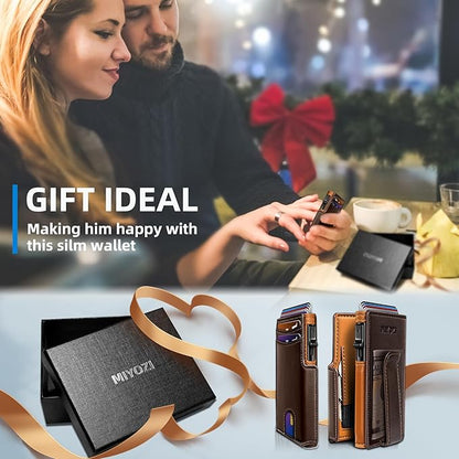 miyozi Wallet for Men, Magnetic Minimalist Slim Wallet with Pop Up Card Holder, 9 Cards RFID Blocking Metal Credit Card Case, Leather Wrapped Money Clip, ID Window & Small Item Slot, Gift Boxed