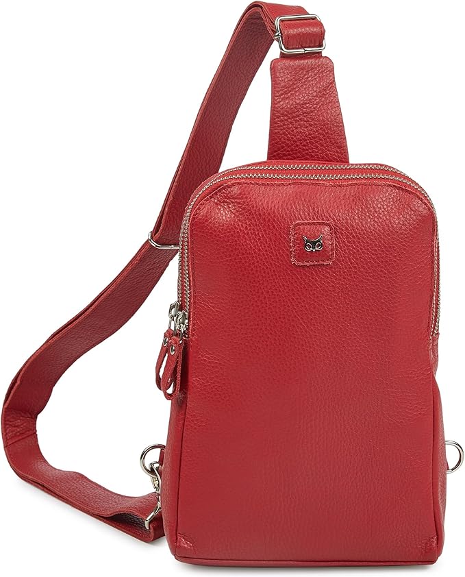 Leather Sling Bag for Women Genuine Crossbody Purse Small Trendy Cross Over Chest with Phone and Credit Card Slots (Red Nappa)