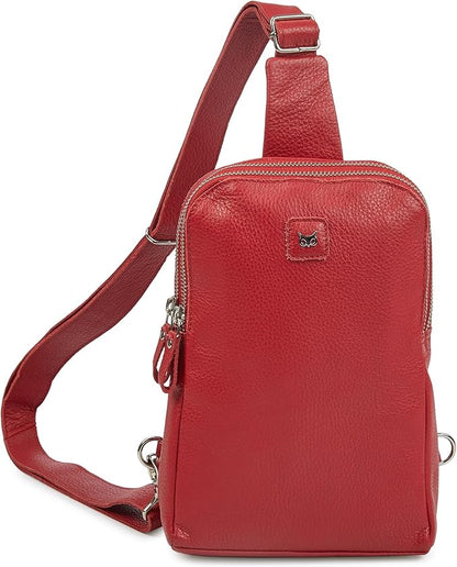 Leather Sling Bag for Women Genuine Crossbody Purse Small Trendy Cross Over Chest with Phone and Credit Card Slots (Red Nappa)