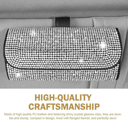 Bling Sunglasses Holder for Car Sun Visor, Rhinestone Auto Eyeglasses Mount Clip Organizer, Leather Sunvisor Sunglasses Storage Case, Universal Glasses Holder Clips for SUV, Sedan, Van (White)