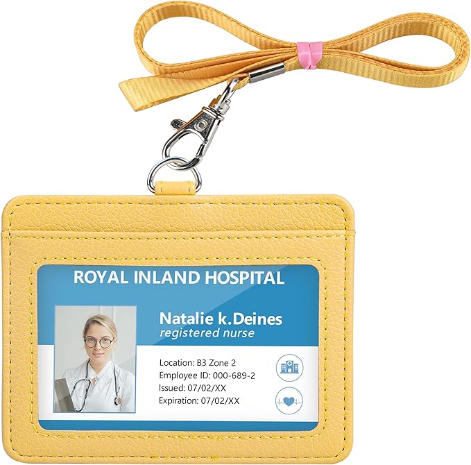Teskyer Badge Holder with Lanyard, Leather ID Name Badge Card Holder with Lanyard for ID Badges, Horizontal, Lychee Pattern Yellow