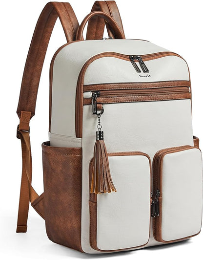 Shrrie Laptop Backpack for Women 16 Inch,Vegan Leather Travel Backpack Purse Work Business Computer Backpacks Teacher Nurse College Laptop Bookbag Casual Daypack,Beige with Brown