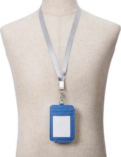 Badge Holder – Genuine Leather ID Badge Holder with Zipper Pocket and Nylon Lanyard – Perfect for Badges, Cards, and More