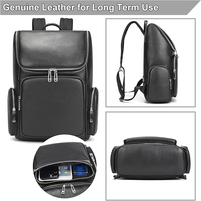 Genuine Leather Black Backpack - 15.6 Inch Business Laptop Backpack for Men & Women, Multi-Compartment Ergonomic Shoulder Bag for Office, Travel