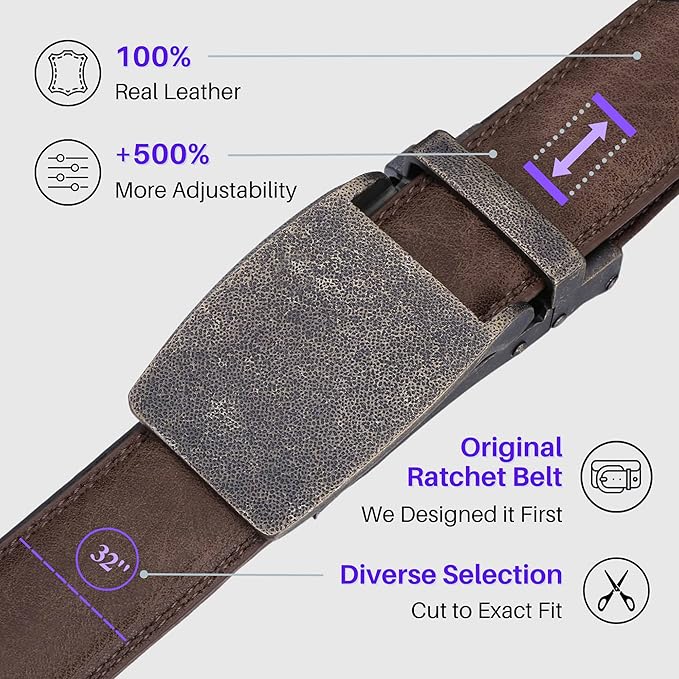 Marino Avenue Ratchet Belt for Men. Adjustable Leather Dress Belt with 38 Easy to Click Into Place Ratchet Closures.