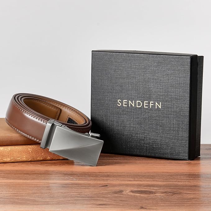 SENDEFN Men's Leather Belt Automatic Ratchet Buckle Slide Belt for Dress Casual Trim to Fit with Gift Box