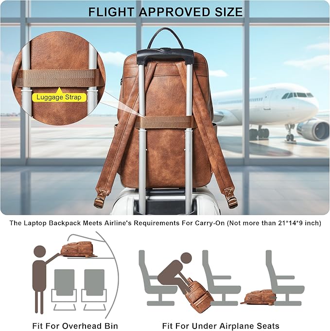 Vegan Leather Backpack for Women and Men, Fits 16.0 Inch Laptop, Multi-Pocket Design with Water Bottle and Luggage Strap, Ideal for Work, Travel, and Daily Use, Brown