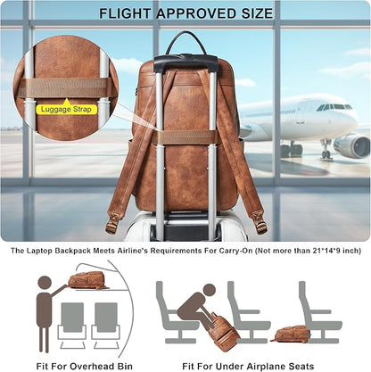 Vegan Leather Backpack for Women and Men, Fits 16.0 Inch Laptop, Multi-Pocket Design with Water Bottle and Luggage Strap, Ideal for Work, Travel, and Daily Use, Brown