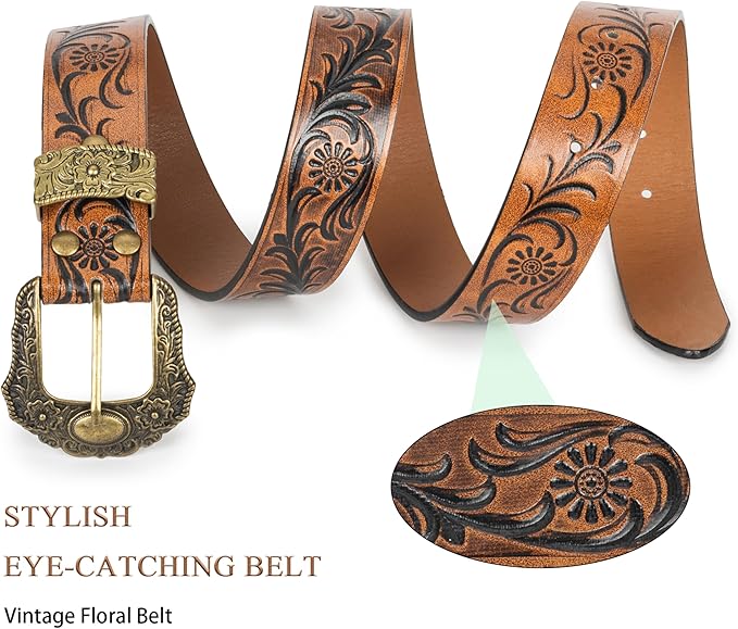 Mealah Vintage Western-Cowboy-Belt for Women Men - Carved Buckle PU Leather Waist Belts (for Waist 28"-38")