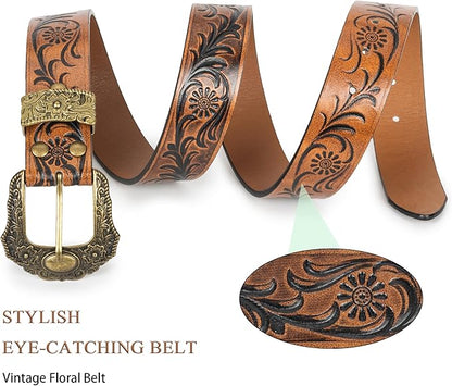 Mealah Vintage Western-Cowboy-Belt for Women Men - Carved Buckle PU Leather Waist Belts (for Waist 28"-38")