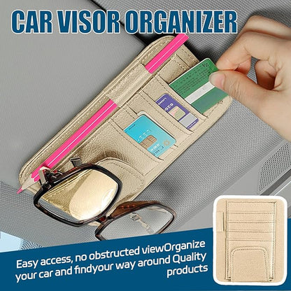 Car Sun Visor Organizer, Multi Pocket Small Vehicle Document Holder for Card Pen, Car Visor Sunglasses Holder, Auto Interior Accessories Pocket Organizer for Car Truck SUV (Beige)