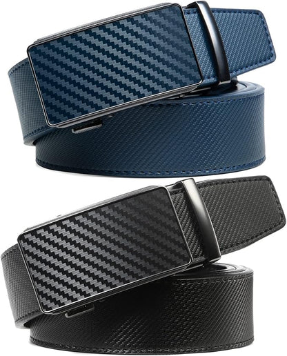 2 Pack Ratchet Belt 1 3/8", Mens leather Dress Belt in Gift Set Size 28"-62" Adjustable waist Trim to Fit