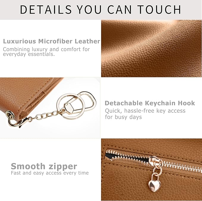 Women Small Wallet RFID Blocking Slim Wallet with Coin Pocket Tri-Fold Credit Card Holder with ID Window and Keychain(Camel)