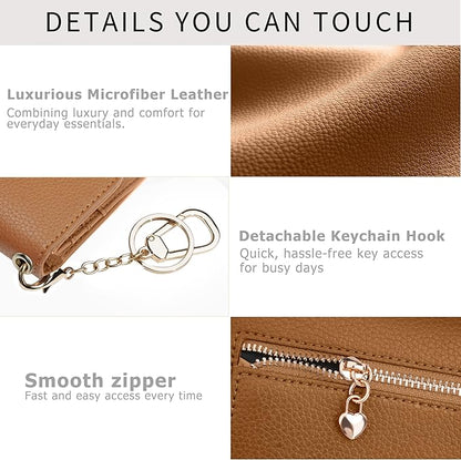 Women Small Wallet RFID Blocking Slim Wallet with Coin Pocket Tri-Fold Credit Card Holder with ID Window and Keychain(Camel)