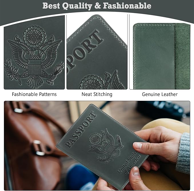 Shvigel US Leather Passport Book Cover - Thin American Travel Passport Holder - Premium International USA Passport Protector Case for Women Men (Green Vintage)