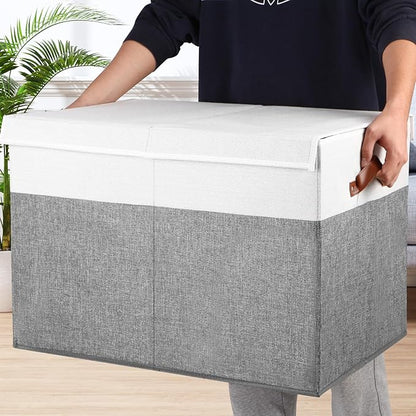 Gowee Large Toy Storage Box with Lid, Sturdy Toys Storage Chest Bin Organizer Basket with Dividers for Kids, Boys, Girls, Nursery, Closet, Bedroom, Playroom 26"x17" x17" (Grey and White)