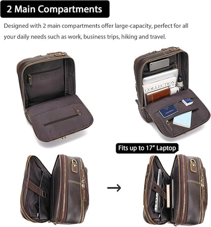 LANNSYNE Vintage Genuine Leather Backpack For Men, 2 in 1 Expandable Briefcase Fits 17'' Laptop Crossbody shoulder Bag Business/Travel Rucksack