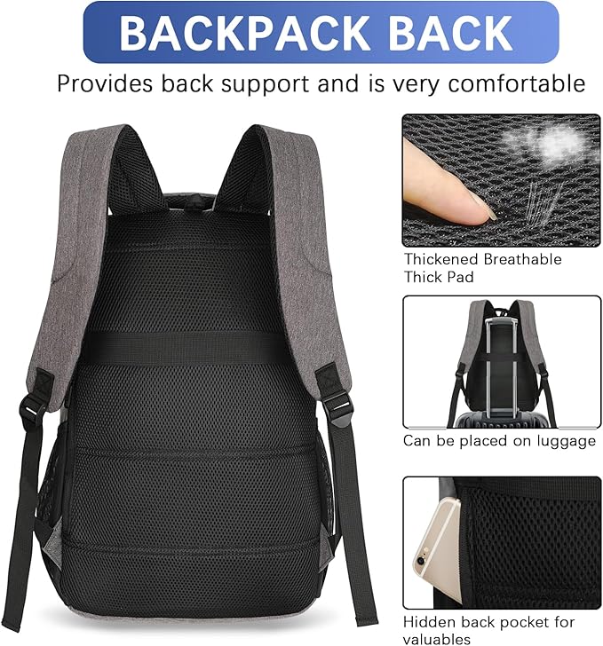 LARIPOP Carry On Backpack for Airplane, 17.3 Inch Laptop Backpack with USB Charging Port, Water Resistant Business Travel Backpack, Lightweight College School Bookbag Anti Theft for Men Women, Grey