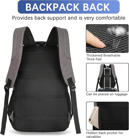 LARIPOP Carry On Backpack for Airplane, 17.3 Inch Laptop Backpack with USB Charging Port, Water Resistant Business Travel Backpack, Lightweight College School Bookbag Anti Theft for Men Women, Grey