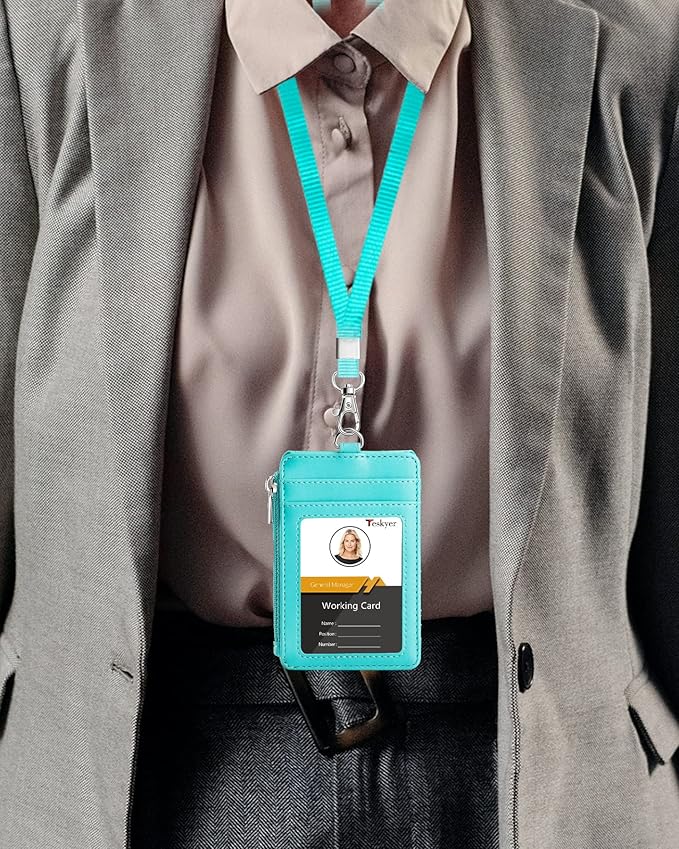 Teskyer Badge Holder with Side Zip Pocket, Multiple Card Slots Leather ID Holder Wallet with Neck Lanyard for Office Staffs, Teachers/Students, Couriers, Workers, Cyan